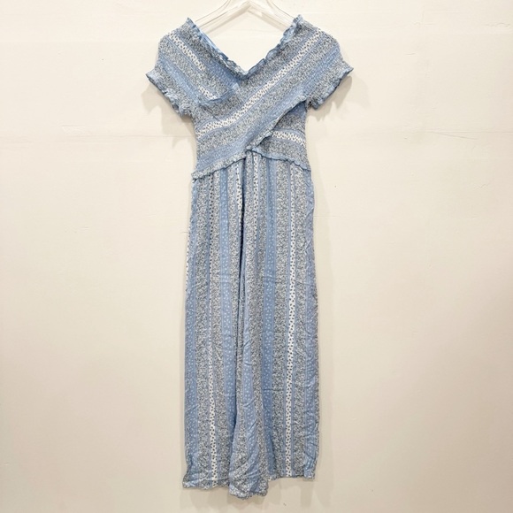 Japna Micro Floral Off The Shoulder Crossfront Wide Leg Jumpsuit Blue Small - Picture 1 of 6